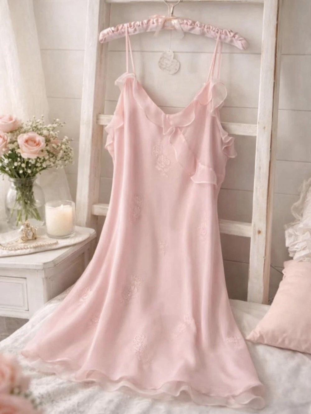 Valerie Stevens Pale Pink Ruffled Slip Chemise